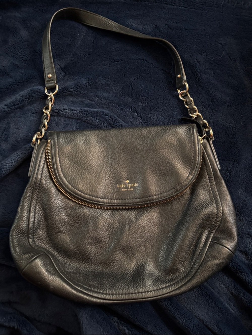 kate spade Black Pebbled Leather Hobo with Chain-Accent Strap